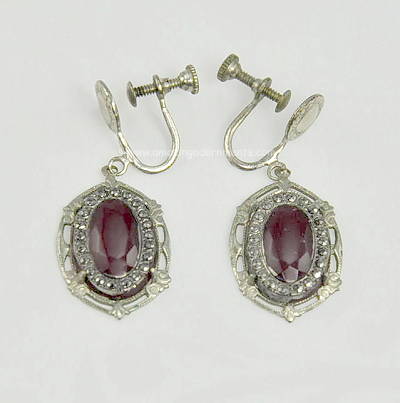Attractive Unsigned Antique Ruby Red Glass and Marcasite Drop Earrings