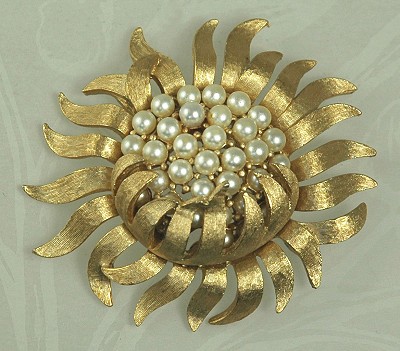 Sunflower Brooch of Brushed Metal and Faux Pearls Signed CROWN TRIFARI