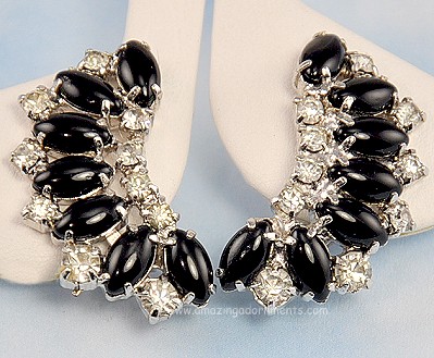 Elegant Vintage Black Glass and Clear Rhinestone Ear Clips