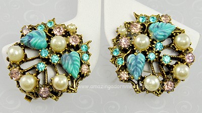 Exquisite Vintage Molded Leaf, Rhinestone and Faux Pearl Earrings