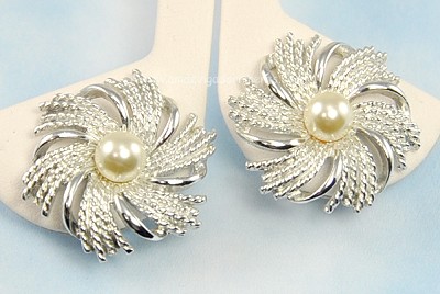 Vintage Signed SARAH COVENTRY Silver- tone Earrings with Imitation Pearl