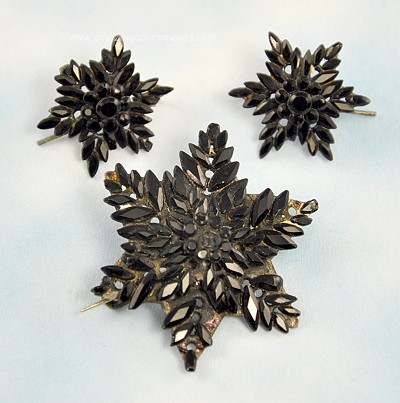 Victorian Mourning Snowflake Brooch and Earring Set