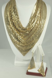 Over the Top Golden Draping Mesh Bib Necklace and Earring Set