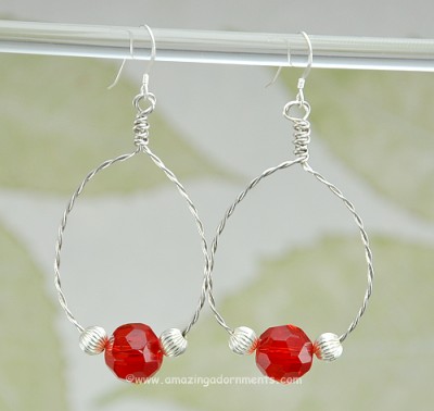 Artisan Sterling Silver Hand Twisted Hoop Earrings with Red Crystal