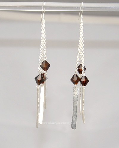 Sterling Silver Swarovski Crystal Chain and Hammered Drop Earrings
