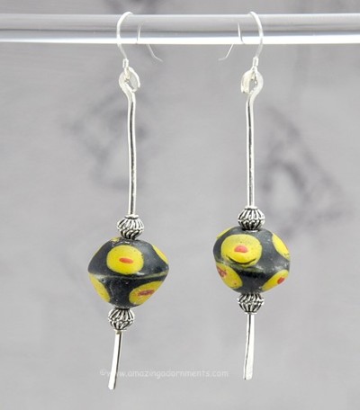 Hand Made Hammered Sterling Silver and Powdered Ghana Glass Earrings
