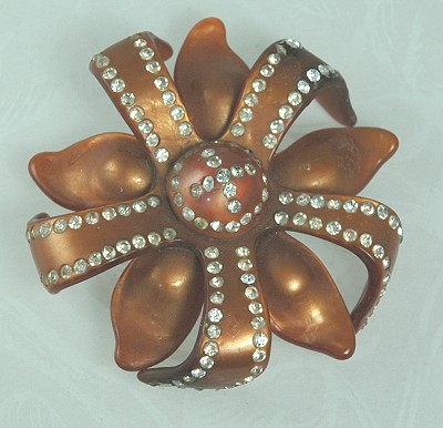 Humongous Vintage Celluloid Flower Pin with Rhinestones