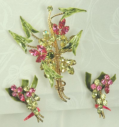 Willowy Rhinestone and Enamel Bouquet Brooch Earring Set Signed VENDOME