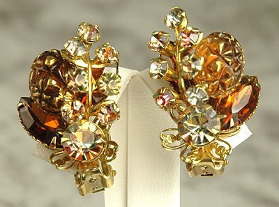 Remarkable Carved Glass and Rhinestone Earrings Signed BEAUJEWELS