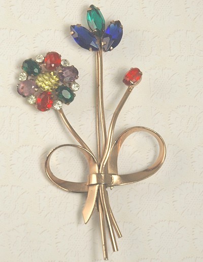 Colorful Rhinestone Sterling Vermeil Floral Brooch Signed CORO- BOOK PIECE