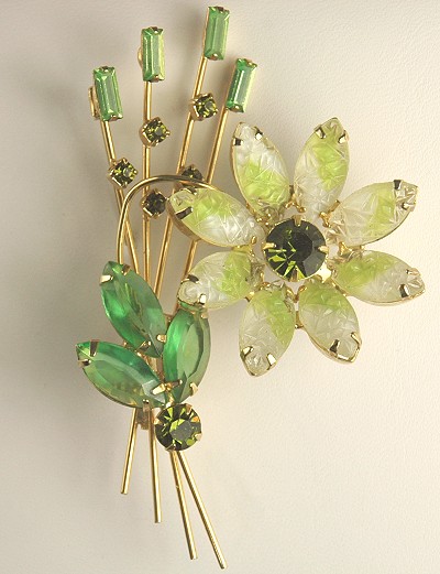 Incredible Carved Girve Glass and Rhinestone Floral Brooch in Greens from DELIZZA and ELSTER
