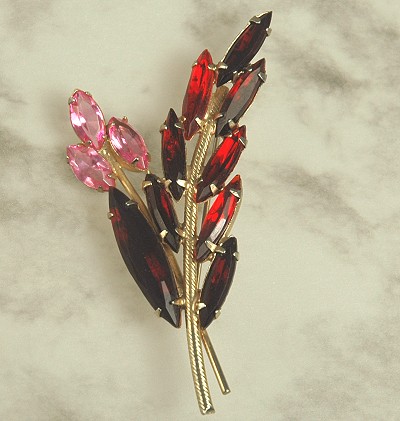 Marvelous D&E Pink and Red Rhinestone Sprig Brooch