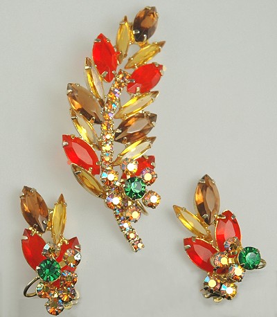 Vivid Rhinestone Leaf Motif Brooch and Earring Set Signed TARA