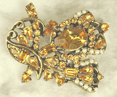 Eye-catching HOLLYCRAFT Rhinestone and Seed Pearl Brooch Dated 1953