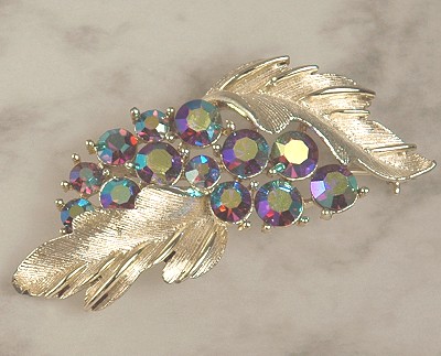 Vintage Signed LISNER Double Leaf Brooch with Aurora Borealis Rhinestones