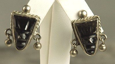 Vintage Pre- Eagle Mexican Sterling and Obsidian or Onyx Face Earrings