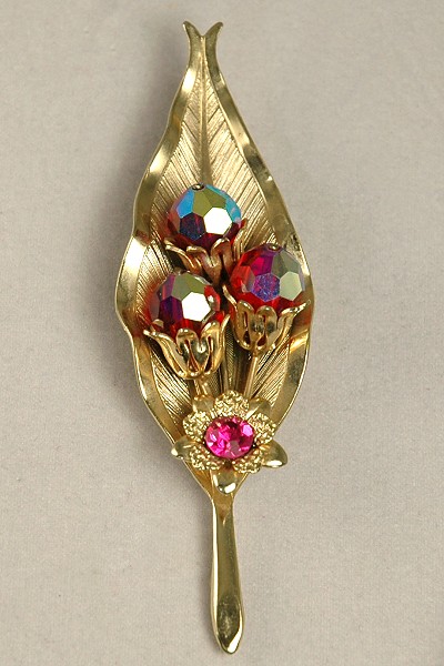 Vintage Golden Leaf Brooch with Red Aurora Borealis Crystals