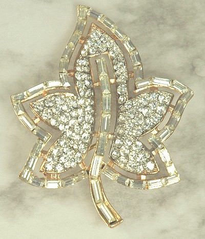 Sparkling Vintage All Rhinestone Leaf Brooch