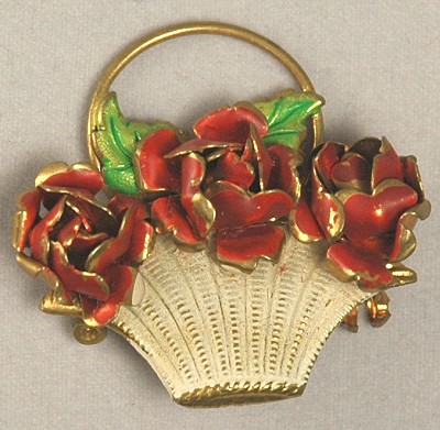 Unique Enamel Basket of Roses Pin Signed US ZONE GERMANY