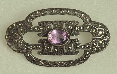 Vintage Unsigned Sterling, Marcasite and Genuine Amethyst Brooch
