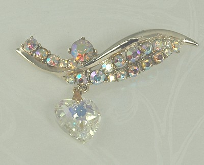 Signed ART AB Rhinestone Swoosh Brooch with Dangling Crystal Heart