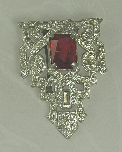 Impressive ART DECO Dress Clip with Faceted Red Glass Stone