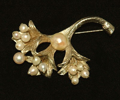 Graceful Cultured Pearl Brooch Signed SWOBODA