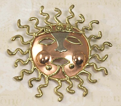 Dramatic Multi- metal Aztec Sun Mask Brooch