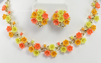 Sizzling Hot Vintage Colorful Thermoplastic Flower Demi Parure Signed LISNER