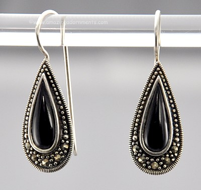 Gorgeous Art Deco Sterling, Marcasite and Black Stone Earrings