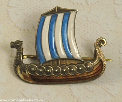 Vintage Norway Sterling and Enamel Viking Ship Pin Signed AKSEL HOLMSEN
