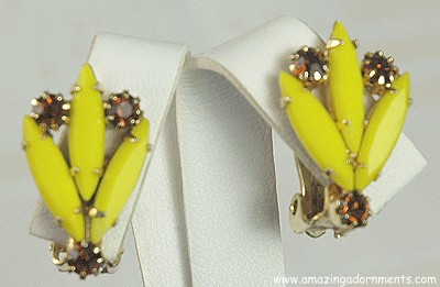 DELIZZA and ELSTER Hot Banana Yellow Opaque Navette Earrings with Topaz Rhinestones