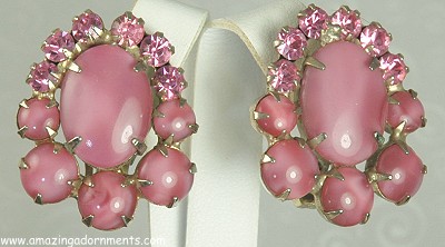 Breathtaking Pink Art Glass and Rhinestone Earrings [Probably D&E]