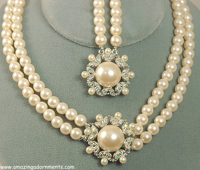 Feminine Faux Pearl Set with Rhinestone Clasp Signed RICHELIEU