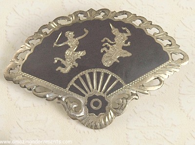 Vintage Siamese Sterling and Niello Fan Brooch