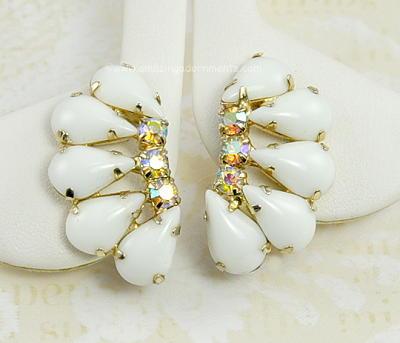 Vintage Signed CONTINENTAL White Glass and Aurora Borealis Earrings