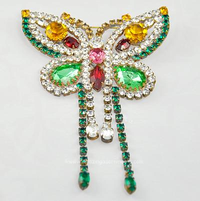 Great Big CZECH Colorful Rhinestone Butterfly Figural Brooch with Tassels