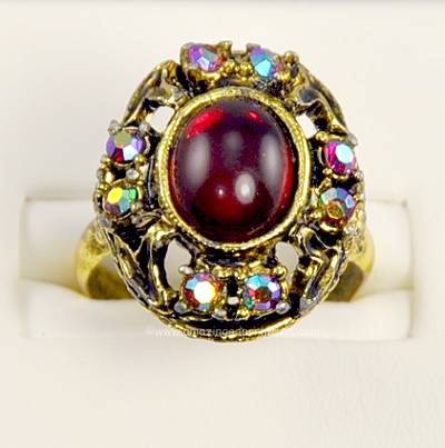 Flashy Vintage Red Cabochon and Aurora Borealis Rhinestone Finger Ring