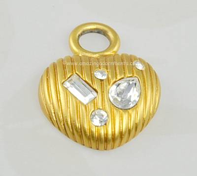 Darling Ribbed Gold- tone and Clear Rhinestone Heart Pendant