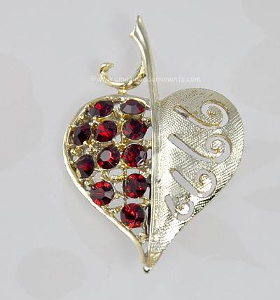 Vintage Red Rhinestone and Open Metal Work Heart Valentines Pin