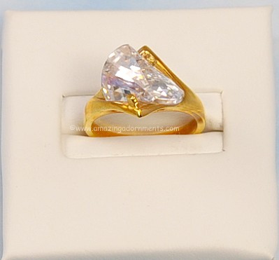 Flattering Sterling Silver Vermeil Cocktail Ring with Unusual Clear Glass Stone ~ Size 6