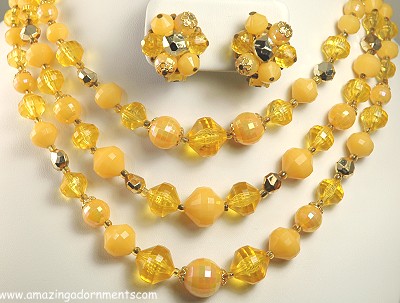 Sunny Yellow Triple Strand Necklace and Earring Set Signed GERMANY