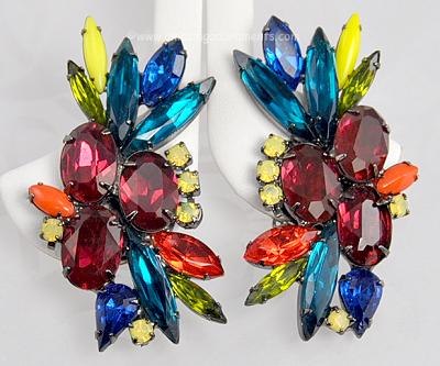 Inspired Glass and Rhinestone Runway Earrings Signed THE SHOW MUST GO ON [DAVID MANDEL]