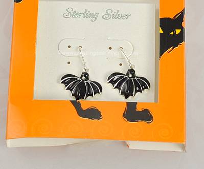 New Old Stock Sterling Silver and Black Enamel Halloween Bat Earrings