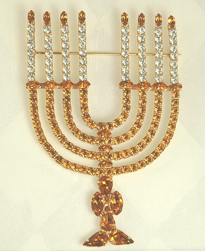 Humungous Rhinestone Hanukah Menorah Brooch Signed KIRKS FOLLY