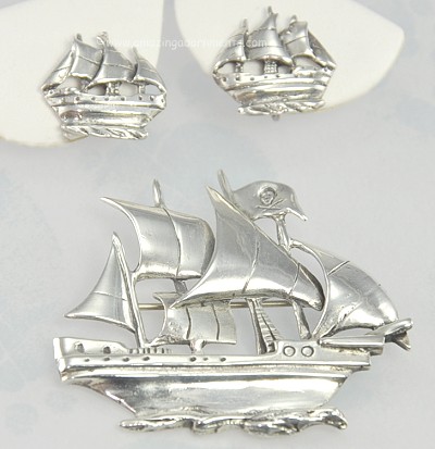 Hard to Find MARLENE Sterling Pirate Ship Brooch and Earring Set