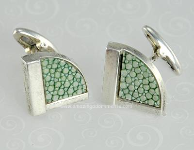 Strong Vintage Sterling Silver and Jade French Modernist Cufflinks