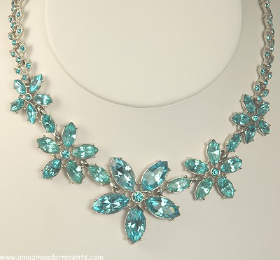 Extraordinary Aqua Floral Rhinestone Necklace Signed ORA