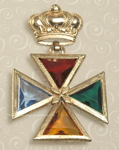 Beautiful Vintage Crown Pin/Pendant with Glass Set Maltese Cross Dangle