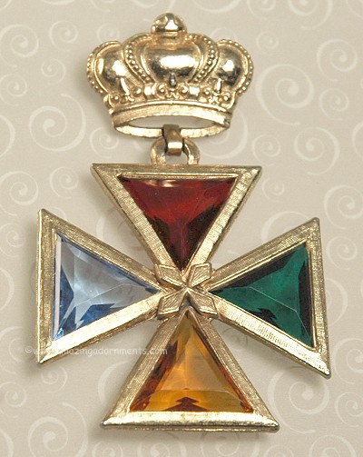 Beautiful Vintage Crown Pin/Pendant with Glass Set Maltese Cross Dangle
